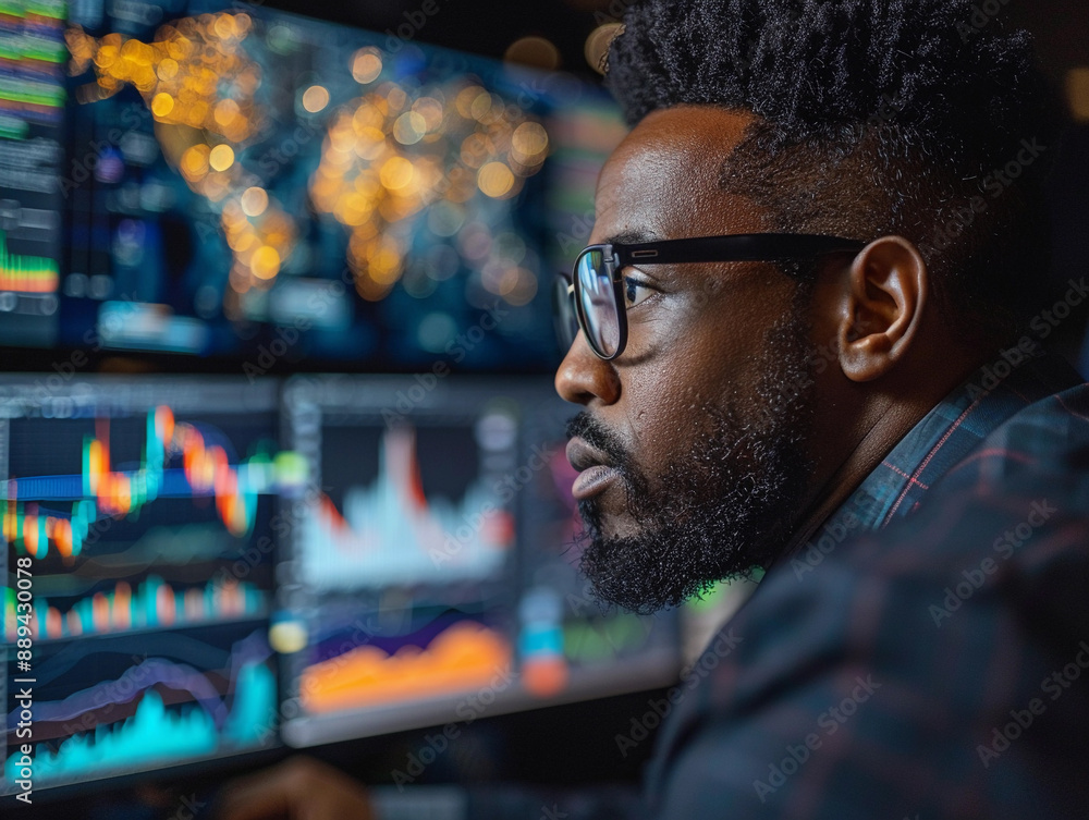 Aufkleber focused man analyzing financial data on computer monitors at night