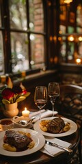 Fototapeta premium Romantic dinner setup with steaks, wine glasses, and a lit candle in an intimate restaurant setting with soft, warm lighting.