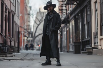 pretty model guy wearing a long black coat with a hat
