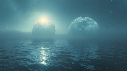 In the vast expanse of space, two moons reflection each other on water surface, stars and milky way in background, 