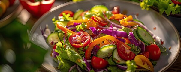 Fototapeta premium Fresh garden salad with vibrant tomatoes, cucumbers, and mixed greens served in a bowl, perfect for healthy eating and vegan diets.