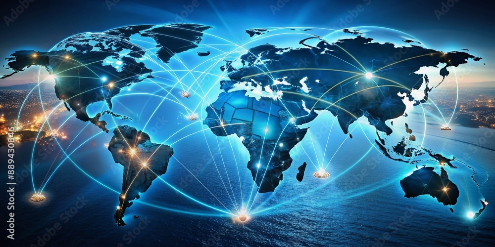 Aufkleber global supply chain network with interconnected shipping routes and distribution hubs.
