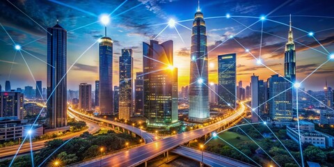 Fototapeta premium Futuristic cityscape with sleek skyscrapers, illuminated roads, and vibrant digital graphics, showcasing interconnected networks and IoT technology, under a radiant blue evening sky.