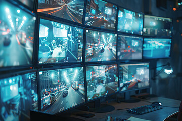 Computer monitors with images of CCTV cameras. Concept of social safety