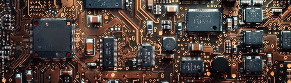 Poster a close up of a computer chip with a blue background. the chip is lit up with orange lights
