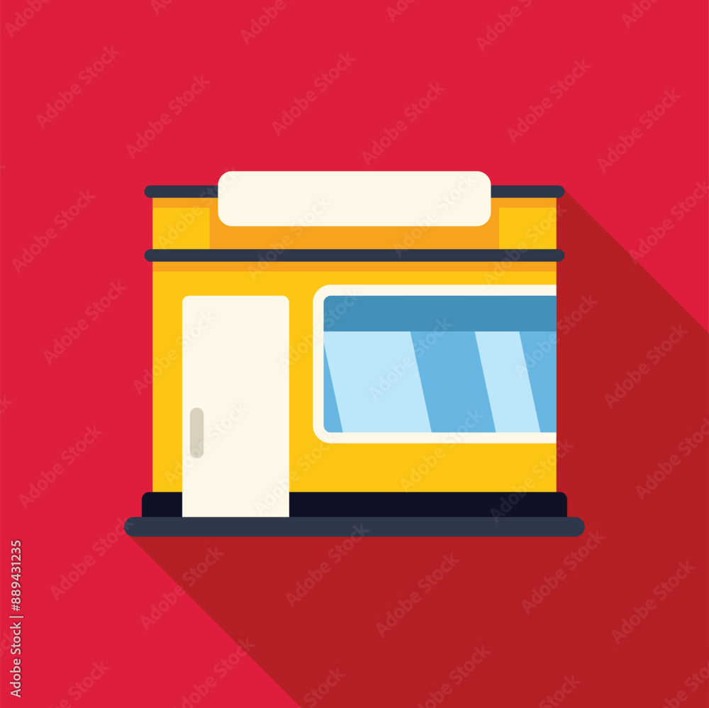 Poster yellow storefront building facade with awning is casting a shadow on a red background