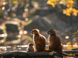Fototapeta premium Red-Crowned Lemurs Sitting on Log in Autumn Forest
