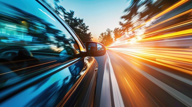A car is driving down a road with a bright orange sunset in the background