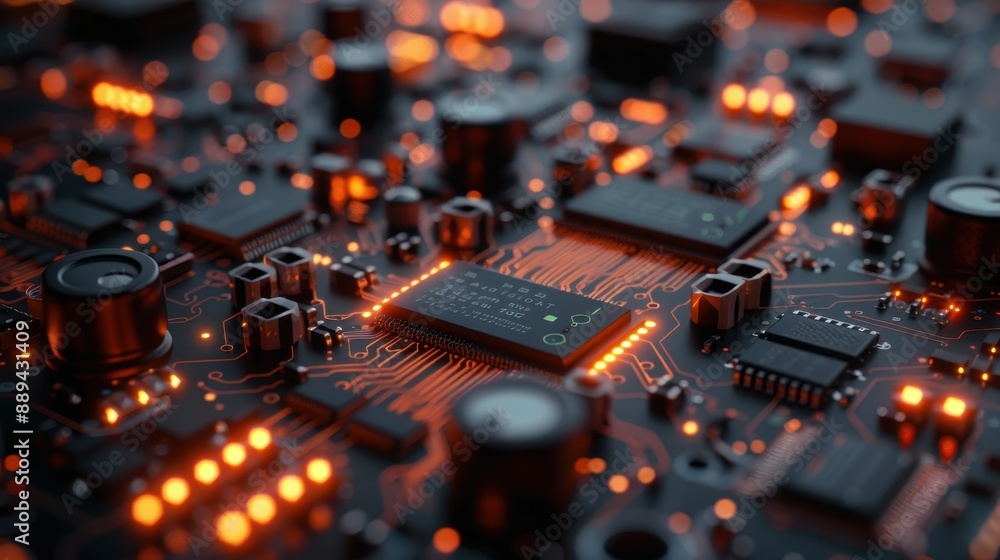 Poster a close up of a computer chip with a blue background. the chip is lit up with orange lights