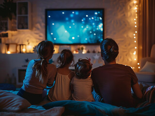 Obraz premium Family Movie Night With Kids on Bed