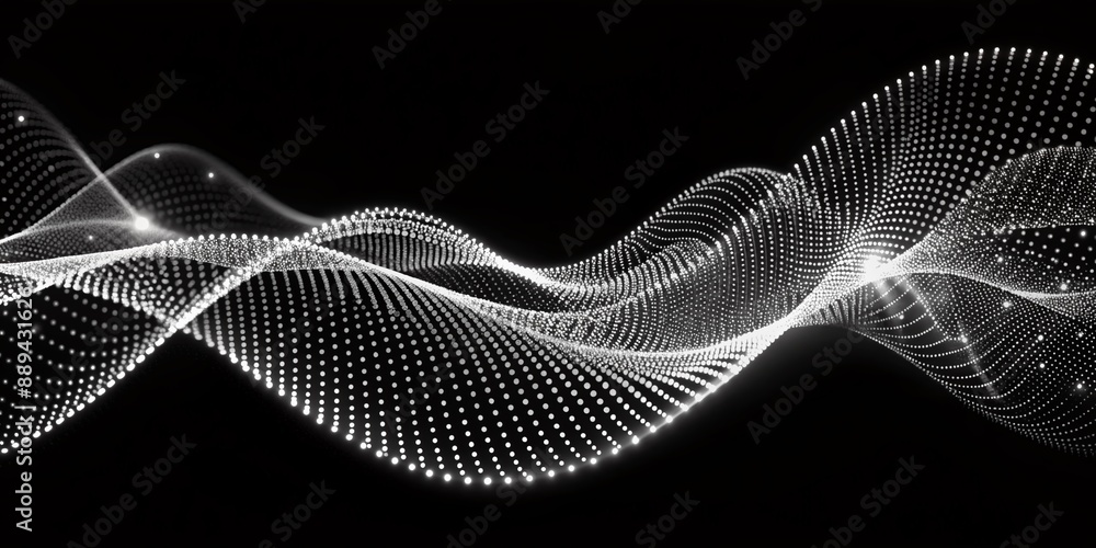 Poster dynamic abstract wave comprised of flowing dots and lines in motion, evoking a futuristic technology