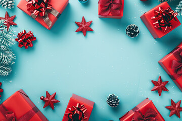 Colorful christmas gift boxes with copyspace on blue background