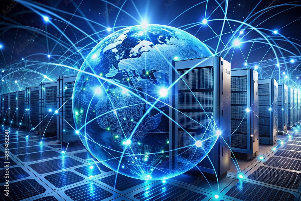 Poster illustration of interconnected computers and servers forming a global network, with glowing lines an
