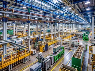 Fototapeta premium Massive industrial factory interior with rows of complex machinery, conveyor belts, and towering equipment, showcasing advanced manufacturing and production capabilities.