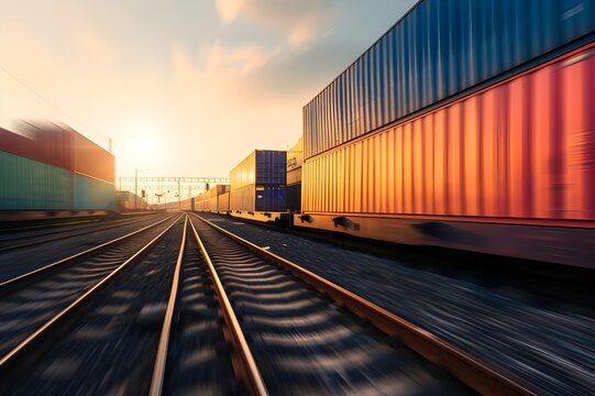 container train moving gracefully along railway tracks, with containers stacked uniformly on its cars under the warm glow of sunset