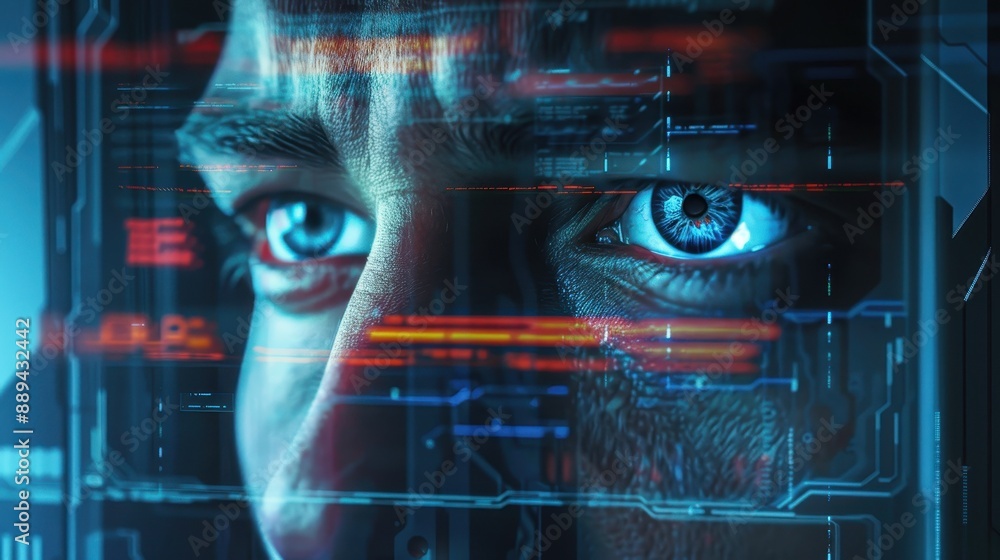 Poster a man's face is shown in a computer screen with a blue eye and red lines. concept of technology and 