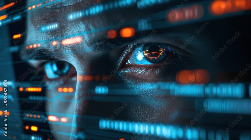 Poster a man's face is shown in a computer screen with a blue eye and red lines. concept of technology and 