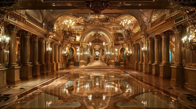 A large, ornate room with gold accents and a large chandelier