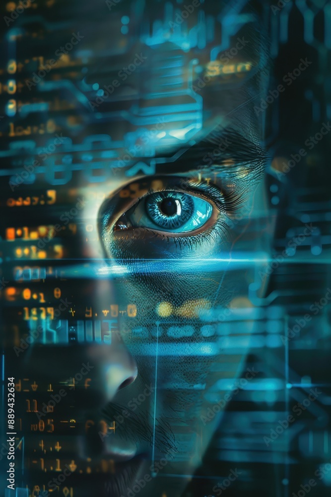 Poster a man's face is shown in a computer screen with a blue eye and red lines. concept of technology and 