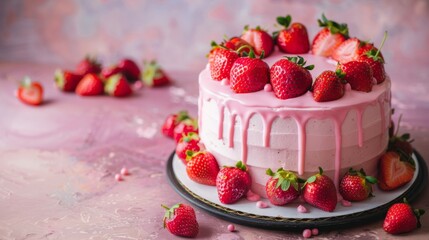 This delectable image features a strawberry cake with dripping pink icing, with copy space