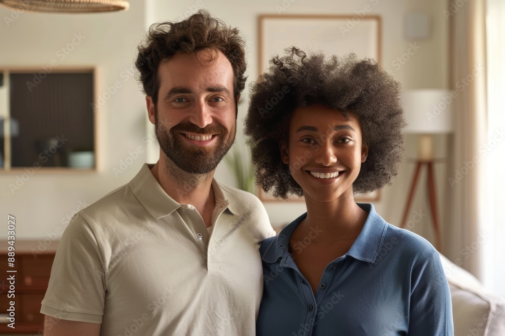 Wall mural portrait of a content couple in their 20s donning a classy polo shirt isolated on crisp minimalistic