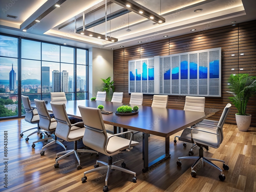 Aufkleber modern conference room with large tv screen displaying data analysis dashboard, empty chairs and tab