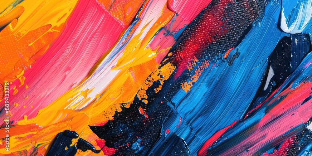 Poster Close-up view of a vibrant and colorful painting on a canvas, ideal for use in art-related contexts or as a decorative element