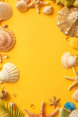 Fototapeta premium An inviting arrangement of seashells and starfish on a vibrant yellow background, evoking the spirit of the beach and summer.