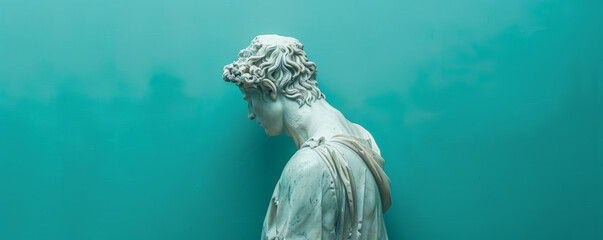 Antique headless marble sculpture of an unknown person, elegantly exhibited in a museum against a bold turquoise background. The striking backdrop highlights the statue's intricate carvings and