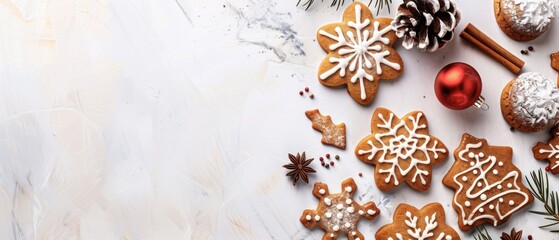 A white background with a variety of Christmas cookies and a red ornament