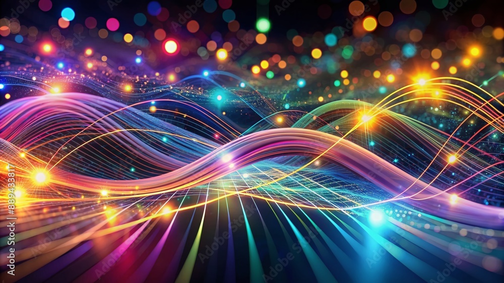 Poster vibrant neon wave lines undulate across dark abstract background, surrounded by swirling bokeh light