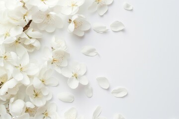 Soft white flower petals spread across a white background, creating a serene and elegant composition that evokes calmness.