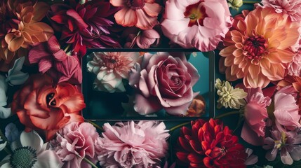 Tablet interface featuring an oily floral background, creating an artistic and visually engaging user experience