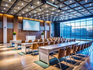 Empty chairs and tables face a lectern in a modern conference hall with a large screen at the front, ready for a business presentation.