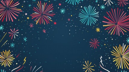Cute fireworks, colorful, simple vector illustration with a dark blue sky background with stars, 