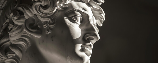 Detailed monochrome sculpture of Apollo, the Greek god, highlighting his youthful and serene face, framed by curly hair.