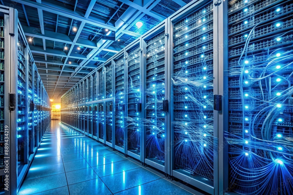 Poster rows of futuristic servers and data storage units illuminate with soft blue light, surrounded by int