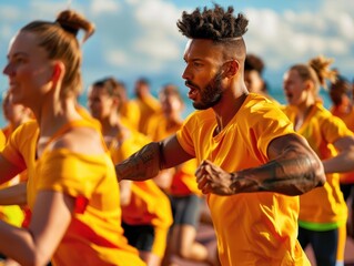Fototapeta premium Diverse group of people engaging in an energetic outdoor fitness class wearing bright yellow shirts under a clear blue sky.