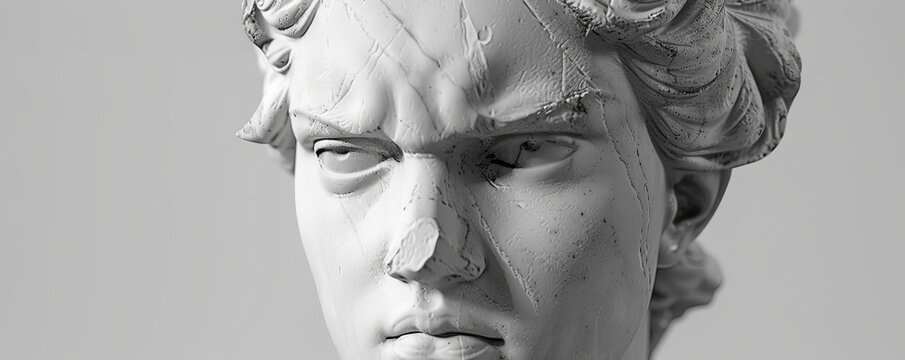 Detailed monochrome sculpture of Nemesis, the Greek goddess, with a stern and unforgiving expression.