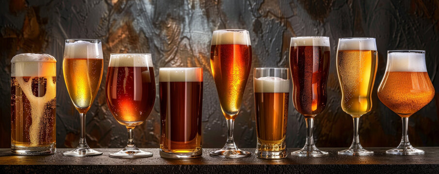 Different types of beer glasses filled with an assortment of beers, set against a dark, moody background with strategic lighting to highlight their colors and textures.