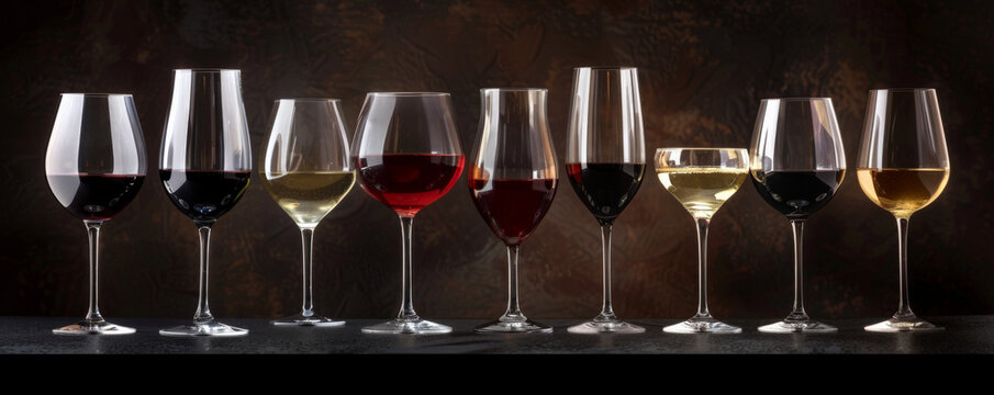 Different types of wine glasses filled with an assortment of wines, set against a dark, moody background with strategic lighting to highlight their colors and textures.