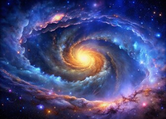 Obraz premium Vibrant, swirling clouds of gas and dust illuminate a stunning, star-filled galaxy, set against a mesmerizing, deep blue and purple cosmic background panorama.