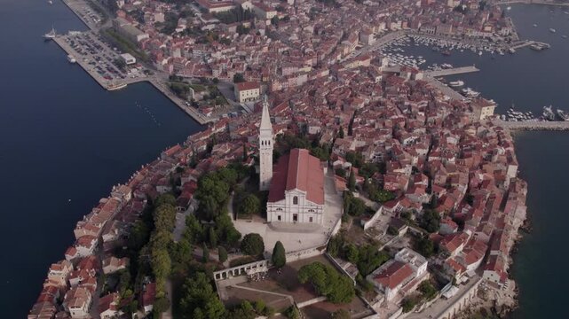 Aerial view of picturesque Rovinj town with Crkva sv Eufemija church by the Adriatic Sea, Istria, Croatia.