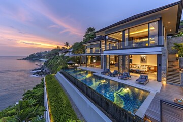 Fototapeta premium Modern cliffside villa with infinity pool at dusk breathtaking ocean view contemporary design serene and stylish relaxing luxury getaway