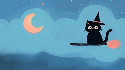 Naklejka premium Black Cat on Broom with Witch Hat Flying Under Crescent Moon in Spooky Halloween Night Sky Illustrated with Blue Clouds