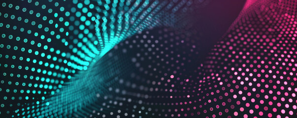 Minimalist tech background with halftone dotted circles in vibrant pink and teal tones, forming a futuristic pattern on a black background.
