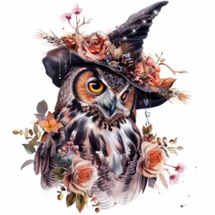 A detailed watercolor painting of an enchanted owl dressed in a mesmerizing midnight costume