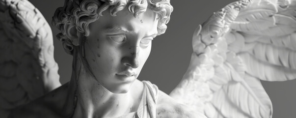 Monochrome sculpture of Eros, the Greek god, highlighting his youthful and playful expression.