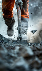 Industrial Worker Breaking Ground with Jackhammer at Construction Site