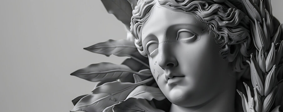 Monochrome sculpture of Demeter, the Greek goddess, featuring her nurturing and serene face, adorned with a wreath of wheat.